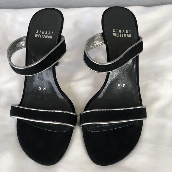 Stuart Weitzman Shoes Womens Size 5 Black Silver Sandal Heels Kitten Slide Mules - Picture 3 of 16